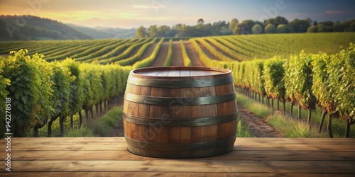 Rum barrel podium set against a grape field background, perfect for luxury product displays , luxury photo