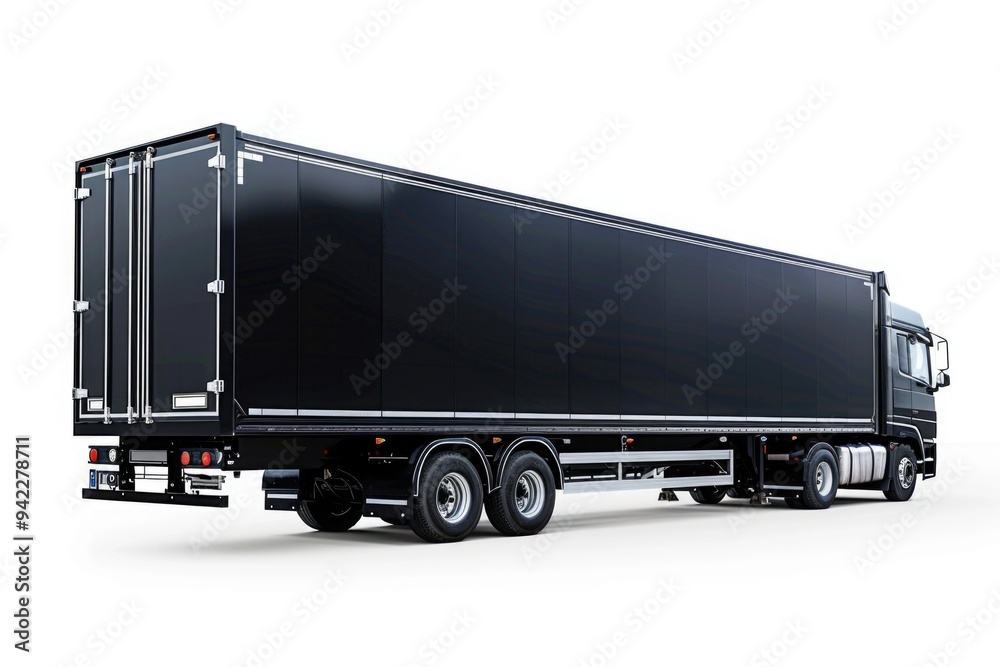 A black semi truck parked on a white surface, perfect for transportation or logistics-themed designs A black semi truck parked on a white surface, perfect for transportation or logistics-themed designs