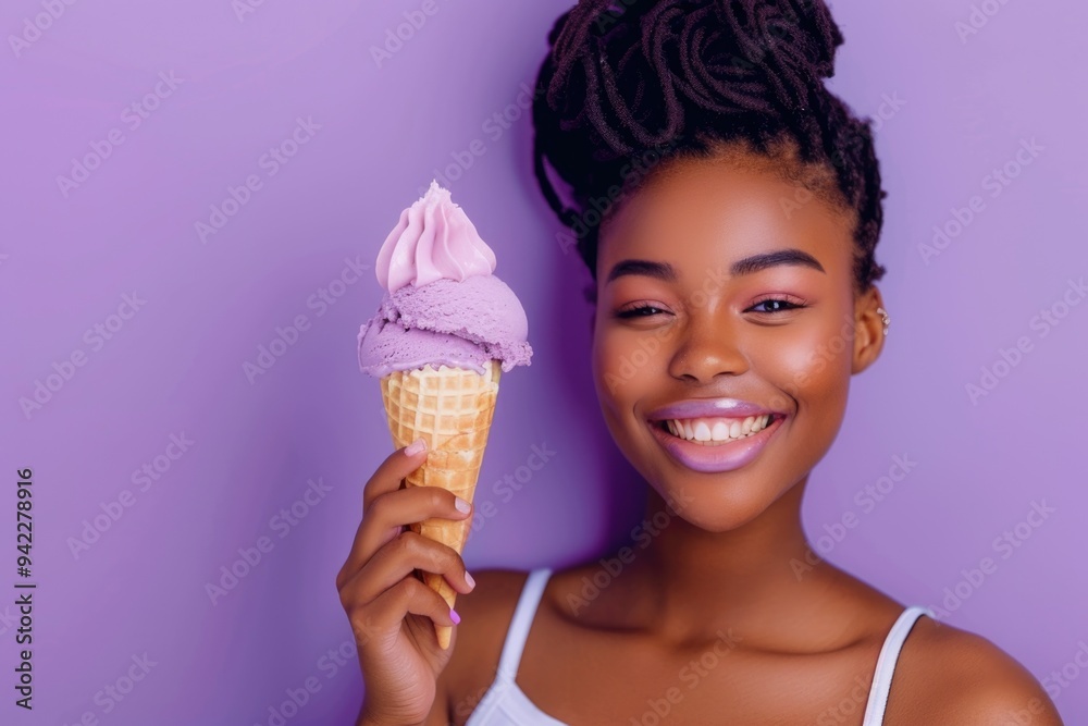 A person hiding behind an ice cream cone, a playful moment with sweet treats A person hiding behind an ice cream cone, a playful moment with sweet treats