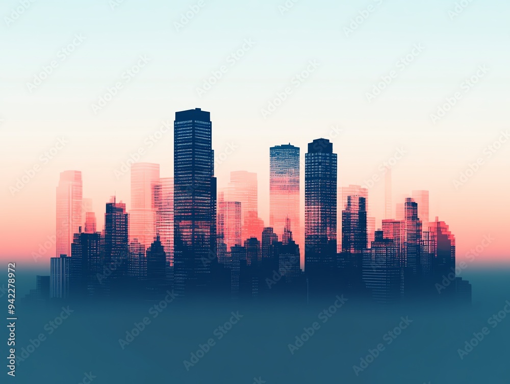 Fototapeta premium A stunning urban skyline at dawn, showcasing vibrant colors and towering buildings in a dreamy, misty atmosphere.
