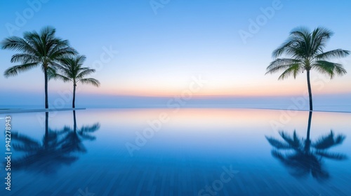 A pool with three palm trees in the background at sunset, AI