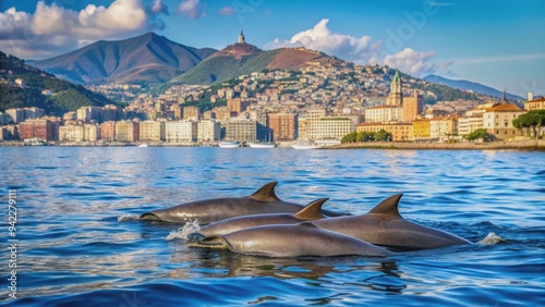 Close up of Cuvier beaked whales in Mediterranean Ligurian Sea with Genoa town, Italy in background photo