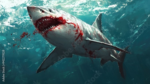 Ferocious Great White Shark with Bloodied Jaws Breaking the Ocean Surface