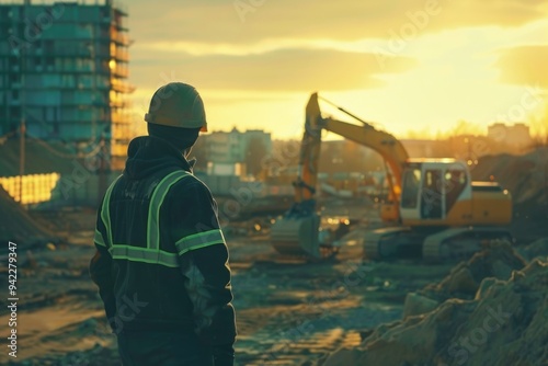 A construction worker stands in front of a busy construction site