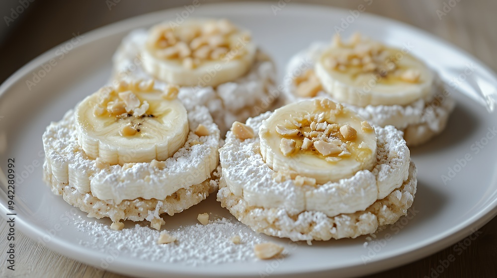 A plate of rice cakes topped with banana slices, cream, and crushed nuts. A plate of rice cakes topped with banana slices, cream, and crushed nuts.