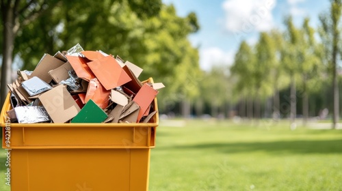 Crumpled aluminum cans in a waste bin, emphasizing the importance of recycling efforts. photo