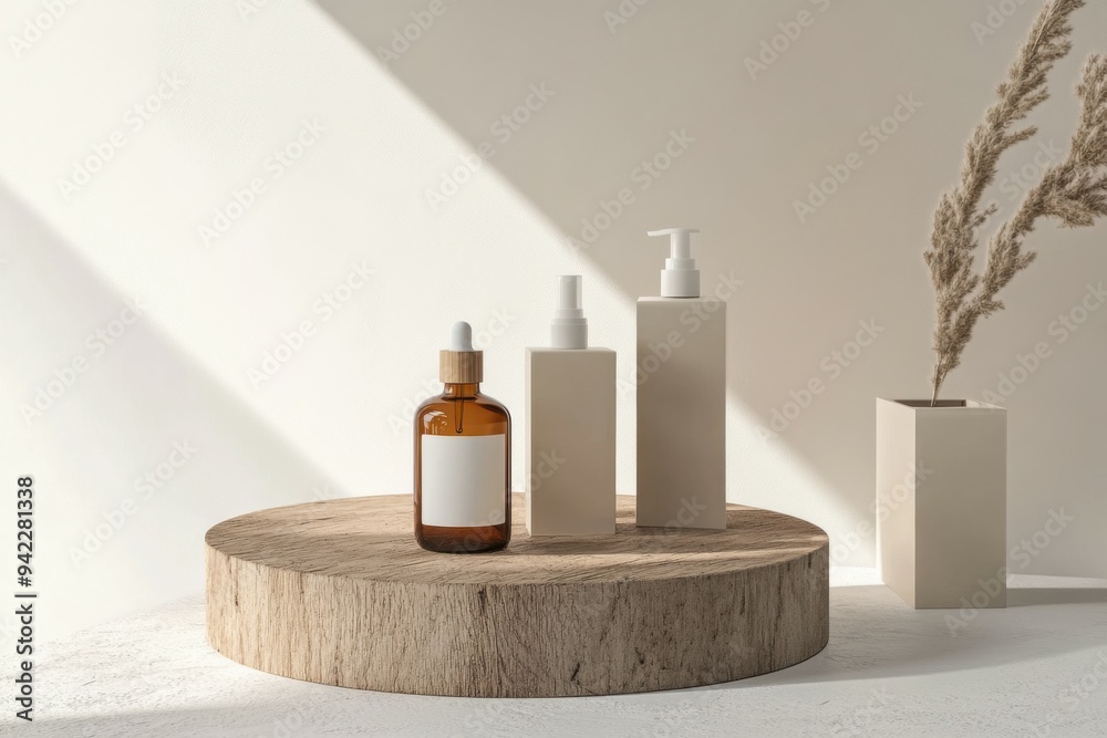 Mockup cosmetic face serum brown glass bottle with a pipette on a stylish minimalist background wooden pedestal. minimalist product display spray, packaging boxes with a clean and empty label.