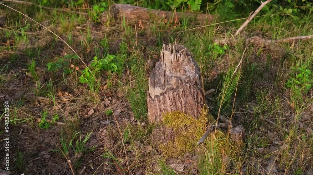 Tree Trunks Stump Chewed Gnawed Damaged by Wild Beaver Tree Trunks Stump Chewed Gnawed Damaged by Wild Beaver