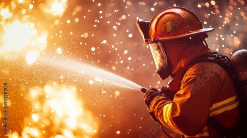 Firefighters spray high pressure water pumps on a fire in this dramatic view. Stock photo