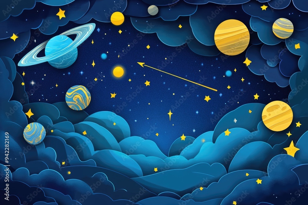 Papercut style illustration, colorful 2D whimsical celestial scene featuring the wonders of the night sky Papercut style illustration, colorful 2D whimsical celestial scene featuring the wonders of the night sky
