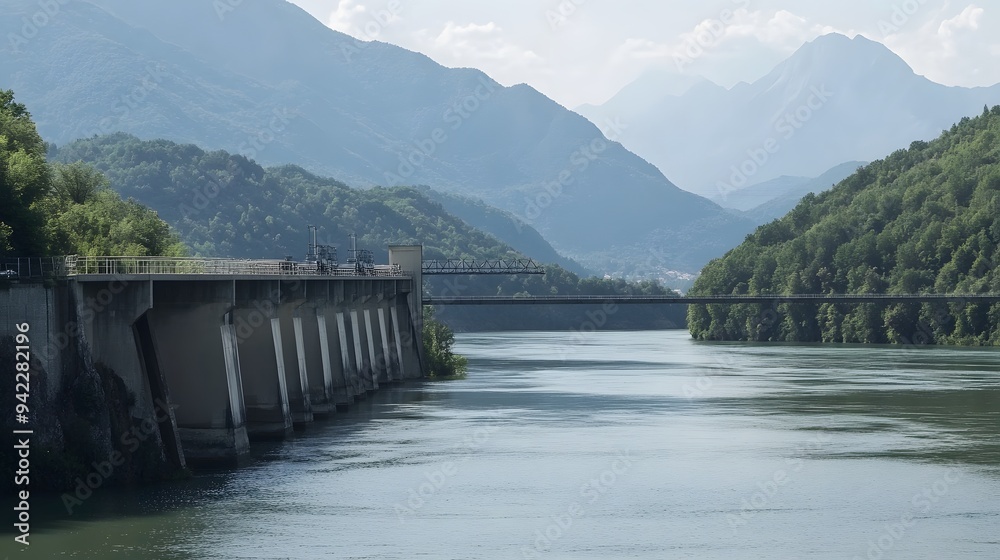 A dam with a bridge in the background, set against a backdrop of lush green mountains.