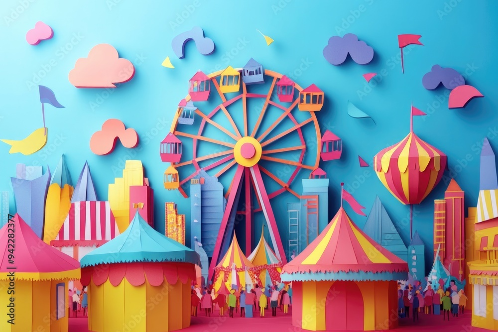 Papercut style illustration, colorful 2D whimsical scene capturing the excitement of a carnival or fair Papercut style illustration, colorful 2D whimsical scene capturing the excitement of a carnival or fair