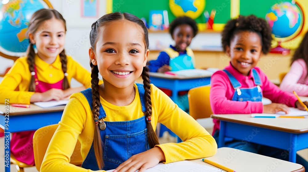 Fototapeta premium scena, klasa, dzieci, biurka, dziewczynka, brązowe włosy, warkocze, uśmiech, żółta bluza, niebieskie ogrodniczki.