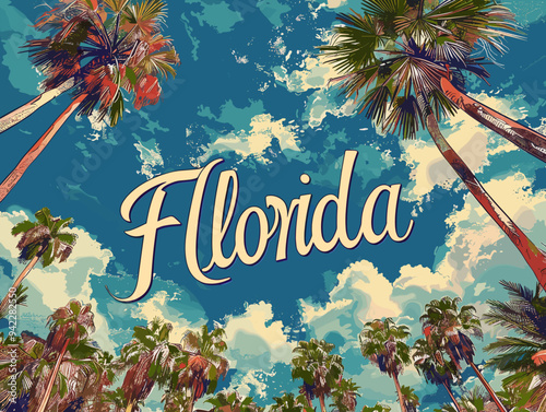 Florida city, USA. Touristic Greeting Card, travel poster from Florida. Art Vector Illustration