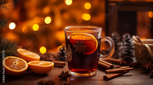 Festive Glass Of Mulled Wine With Orange Slice And Holiday Decorations