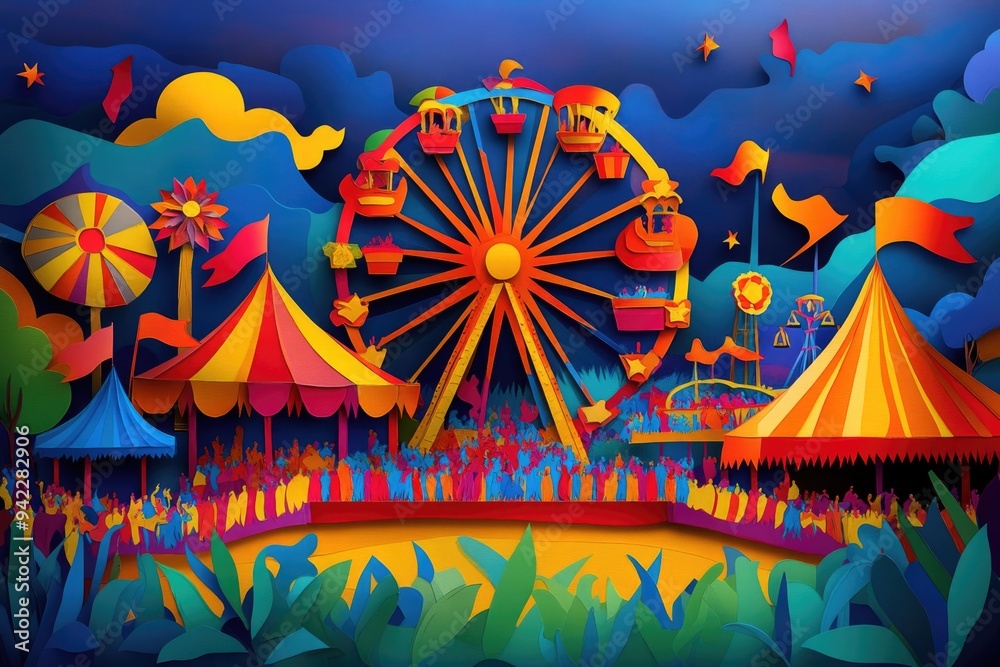 Papercut style illustration, colorful 2D whimsical scene capturing the excitement of a carnival or fair