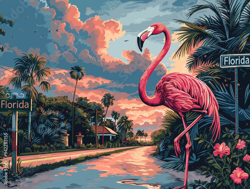 Florida city, USA. Touristic Greeting Card, travel poster from Florida. Art Vector Illustration