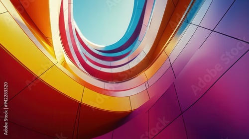 Abstract Colorful Curved Building Facade with Geometric Patterns
