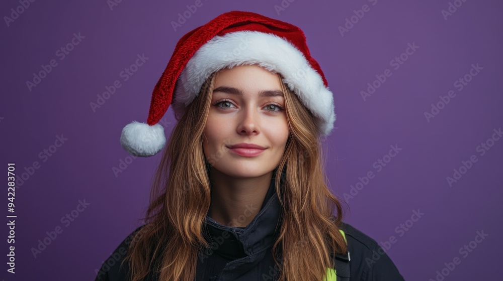 Waist-up portrait of a white woman firefighter wearing Santa hat on a purple background, copy space for text Waist-up portrait of a white woman firefighter wearing Santa hat on a purple background, copy space for text