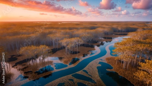 Aerial view of a vibrant mangrove forest at sunset, showcasing rich colors and intricate waterways in a serene natural environment.