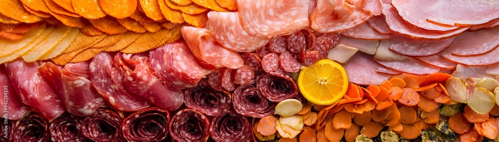A colorful arrangement of various meats and garnishes, showcasing a charcuterie display. A colorful arrangement of various meats and garnishes, showcasing a charcuterie display.