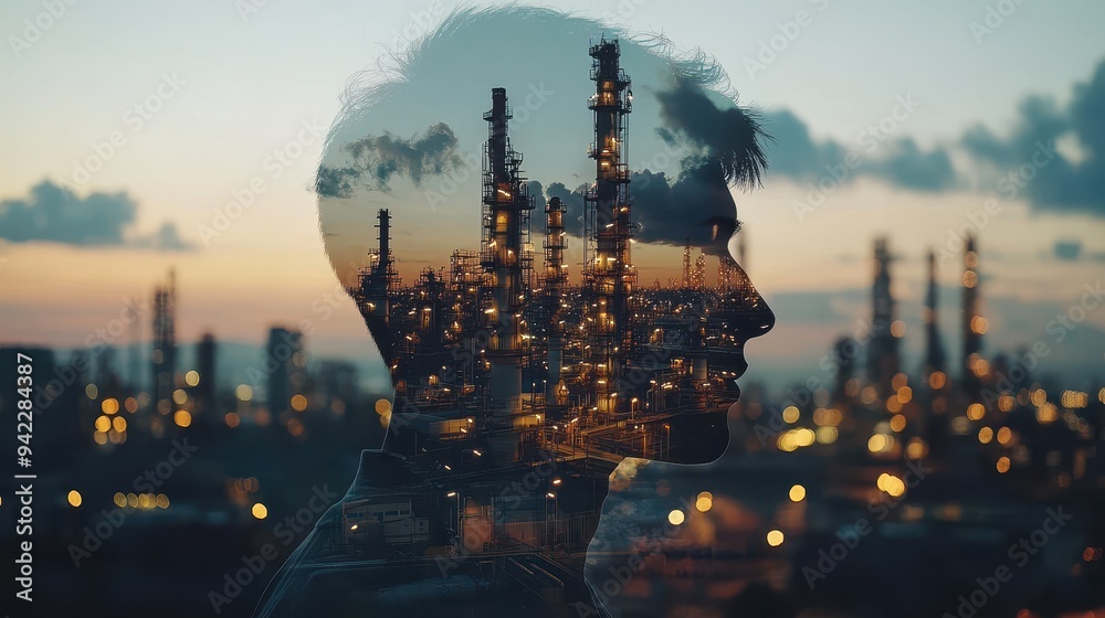 Man Silhouette with Oil Refinery Cityscape at Sunset Man Silhouette with Oil Refinery Cityscape at Sunset
