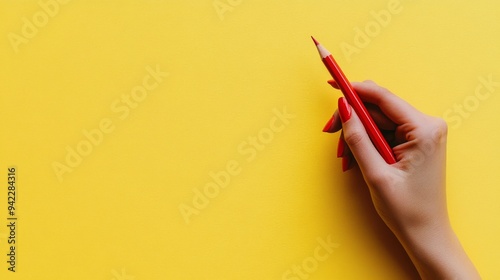 Isolated yellow background with closeup of wooden pencil. Stock photo.