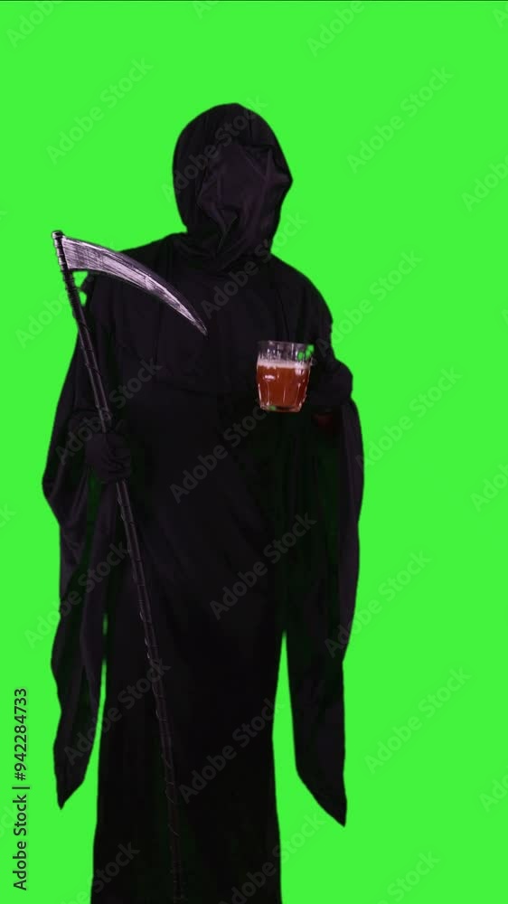 vertical Grim reaper in Halloween costume with a scythe drinking a beer on a green screen vertical Grim reaper in Halloween costume with a scythe drinking a beer on a green screen