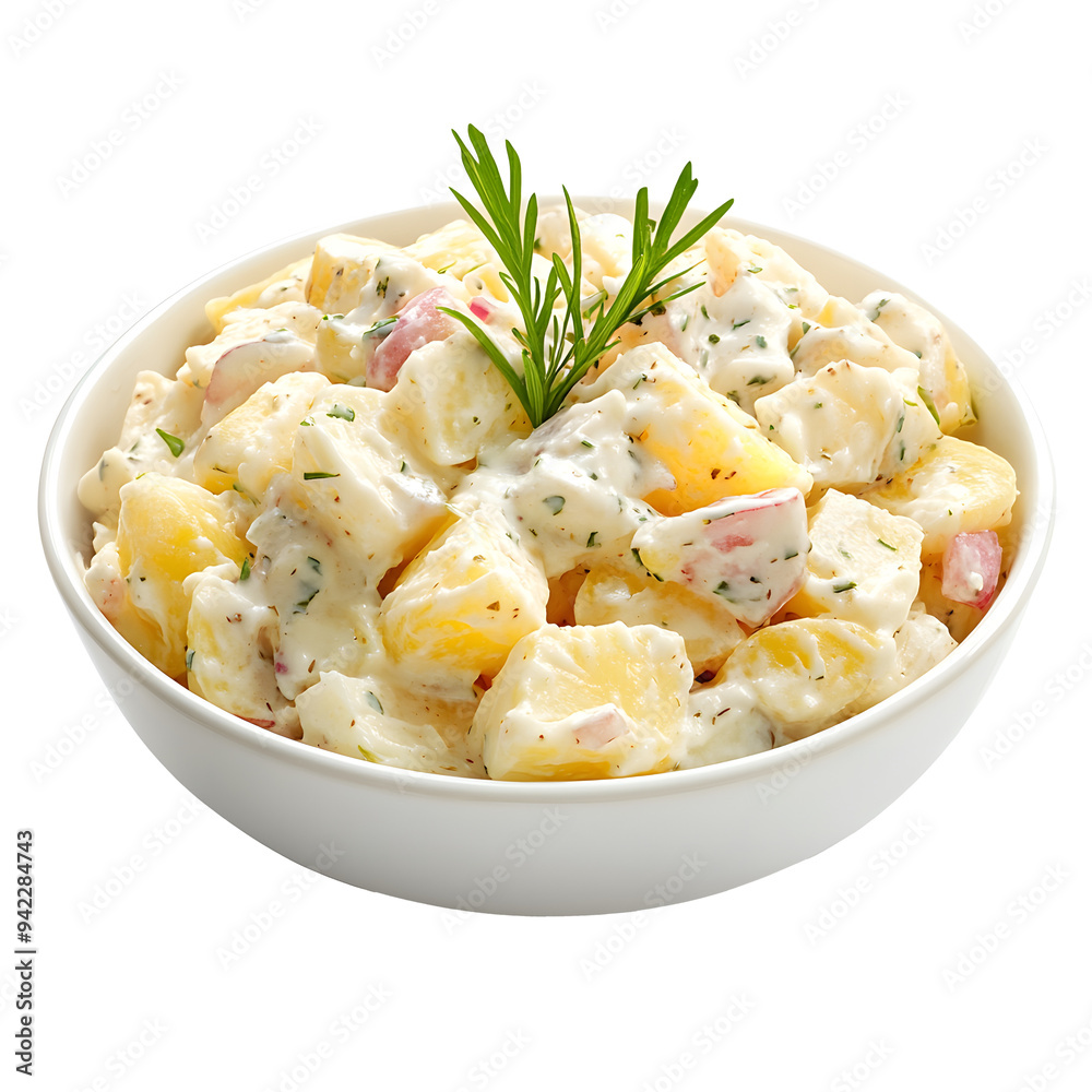Collection of bowls with potato salad with mayo and vinaigrette dressing isolated on white background Collection of bowls with potato salad with mayo and vinaigrette dressing isolated on white background