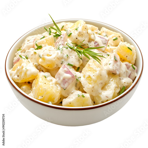 Collection of bowls with potato salad with mayo and vinaigrette dressing isolated on white background