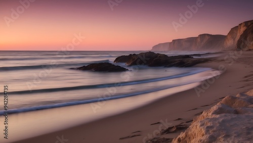 Tranquil beach scene at dusk featuring soft waves lapping against rocks and cliffs, capturing the peaceful beauty of a sunset over the ocean.