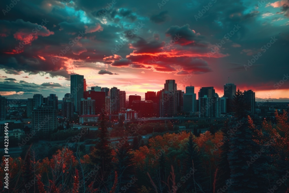 Fototapeta premium Panoramic view of a city at sunset from a hill, suitable for use in travel or urban planning visuals