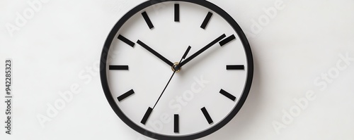 A modern black wall clock displaying the time in a minimalistic style, perfect for home or office decor.