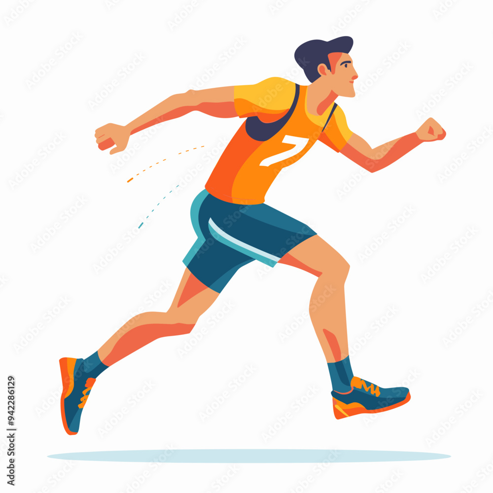 Fototapeta premium A man in a yellow shirt and blue shorts is running. He is wearing a number 7 shirt