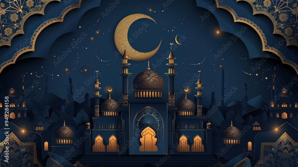 Ramadan Kareem made of paper art with 3D gold metal crescent moon, hanging stars, paper cut clouds, mosque. Arabic style arch with traditional pattern Ramadan Kareem made of paper art with 3D gold metal crescent moon, hanging stars, paper cut clouds, mosque. Arabic style arch with traditional pattern