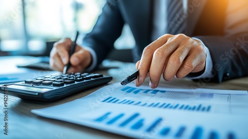 Hands meticulously calculating financial forecasts with a calculator and spreadsheets