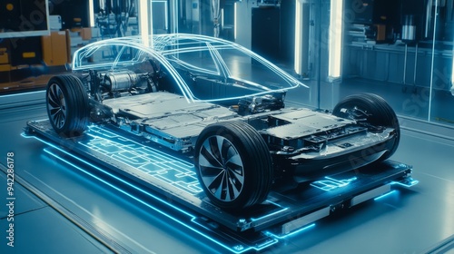 The core of modern automotive technology is portrayed with an electric car lithium battery pack with power connections photo