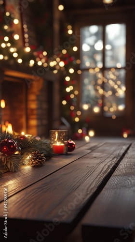 Warm and Merry Christmas Scene with Wooden Table, Blurry Fireplace, and Holiday Lights