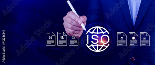 ISO standards quality control, assurance and warranty business technology concept, Touching on screen with quality assurance and document icon for ISO, ISO Standard certification concept.