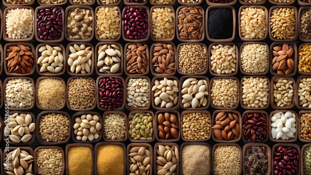 Overhead flat lay view of different varieties of thing food and drinks Overhead flat lay view of different varieties of thing food and drinks