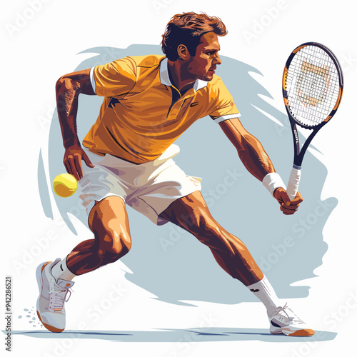 A man in a yellow shirt is playing tennis with a yellow racket. He is holding a tennis ball in his right hand