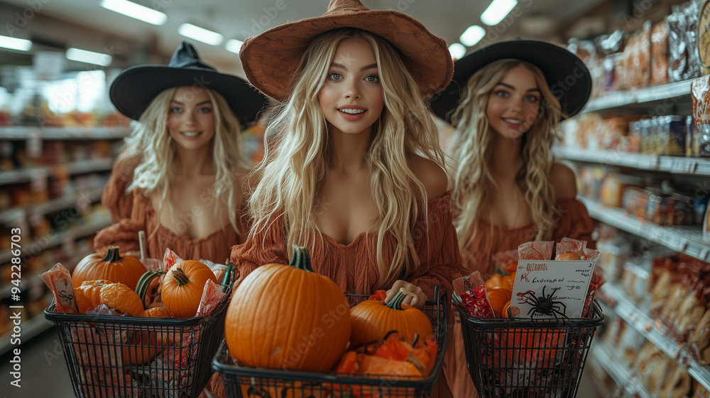 Smiling women in witch hats shopping for Halloween Smiling women in witch hats shopping for Halloween