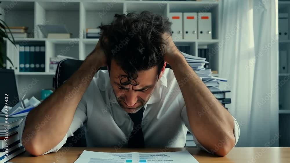 Stressed office worker struggles to manage piles of paperwork during a busy day in a corporate setting