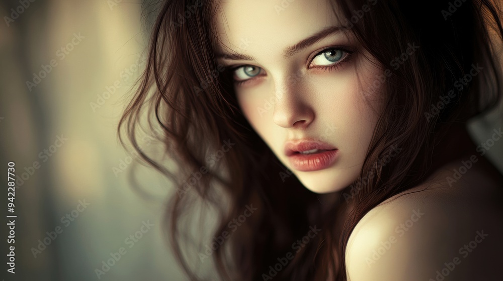 Fototapeta premium A woman with long brown hair posing for a picture, AI