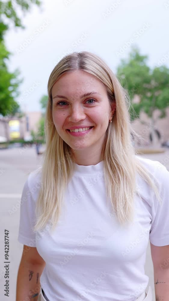 Vertical video. Smiling portrait of young caucasian woman looking at camera standing at city street. Joyful millennial girl feeling positive, closeup outdoor headshot. Happy people Vertical video. Smiling portrait of young caucasian woman looking at camera standing at city street. Joyful millennial girl feeling positive, closeup outdoor headshot. Happy people