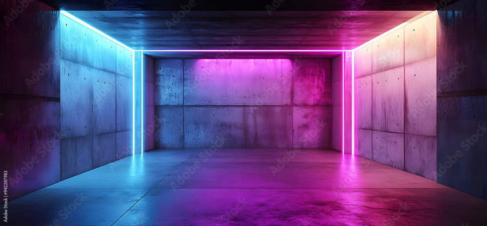 Modern Futuristic Sci Fi Concept Club Background Grunge Concrete Empty Dark Room With Neon Glowing Purple And Blue Pink Neon Lights 3D Rendering Modern Futuristic Sci Fi Concept Club Background Grunge Concrete Empty Dark Room With Neon Glowing Purple And Blue Pink Neon Lights 3D Rendering