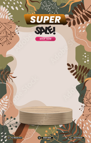 autumn sale discount portait template banner with blank space 3d podium for social media post product sale with abstract gradient brown background design49