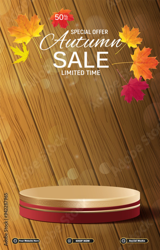 autumn sale discount portait template banner with blank space 3d podium for social media post product sale with abstract gradient brown background design1