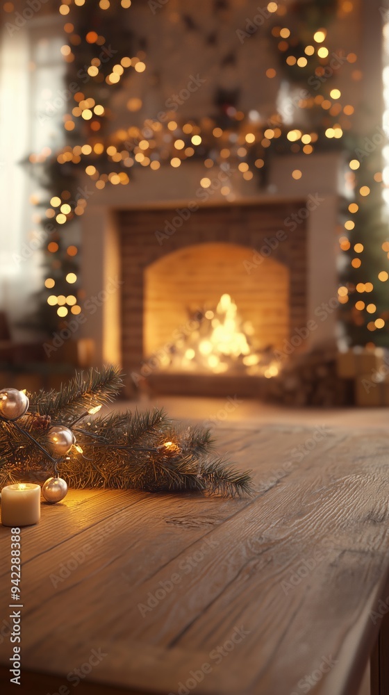 Warm and Merry Christmas Scene with Wooden Table, Blurry Fireplace, and Holiday Lights Warm and Merry Christmas Scene with Wooden Table, Blurry Fireplace, and Holiday Lights