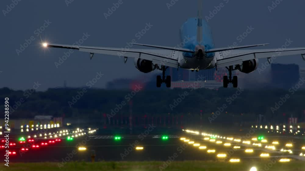 Slow motion capture of a jet aircraft landing on a runway at night with illuminated lights and city in the distance Slow motion capture of a jet aircraft landing on a runway at night with illuminated lights and city in the distance